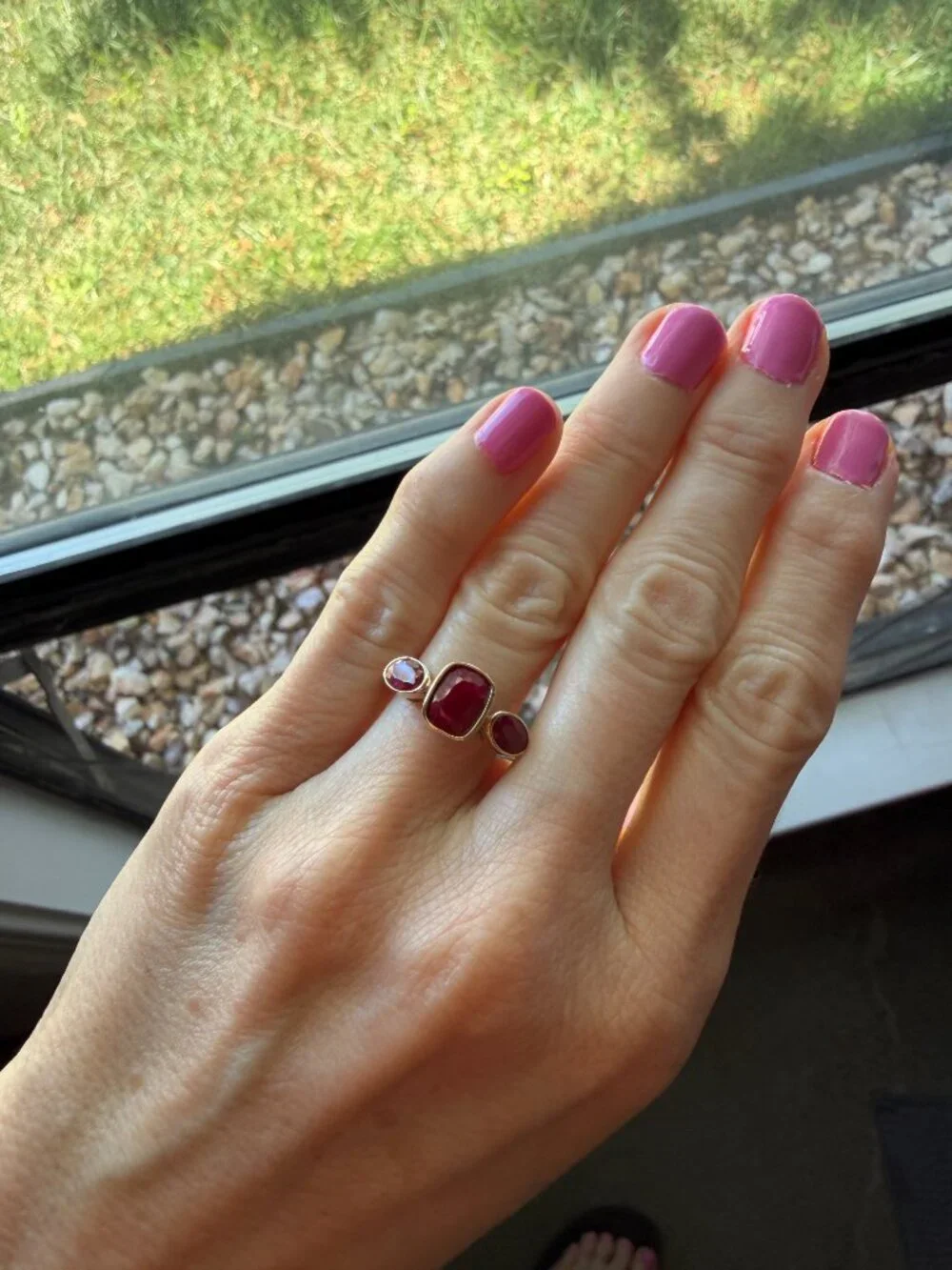 NIB 3.30 ct. Ruby Three-Stone Ring in 18kt Gold Over Sterling - 5 - 5.25